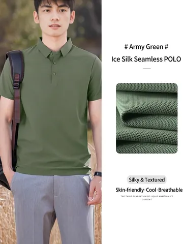 Men Cooling Polyester Polo Shirt Top High Elastic Seamless Breathable Short Sleeve Business Casual Solid Color Summer Men Top