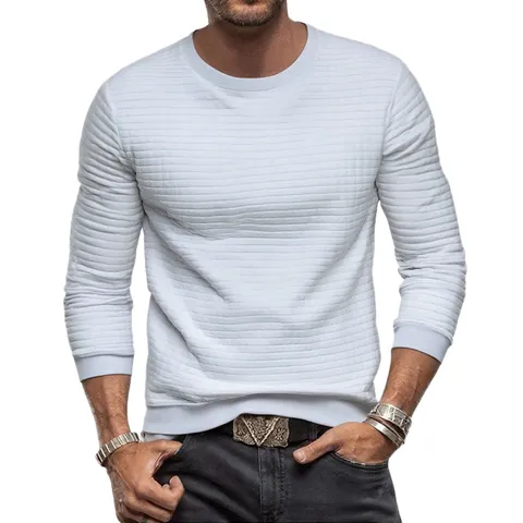 Men's Waffle Knit Long Sleeve T-Shirt Casual Slim Fit Crew Neck Polyester Pullover Top Solid Color Autumn Winter Apparel