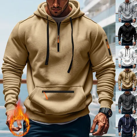 Men Heavyweight Fleece Lined Hoodie 1/4 Zip Pullover American Casual Workwear Loose Winter Hooded Top Polyester Sweatshirt