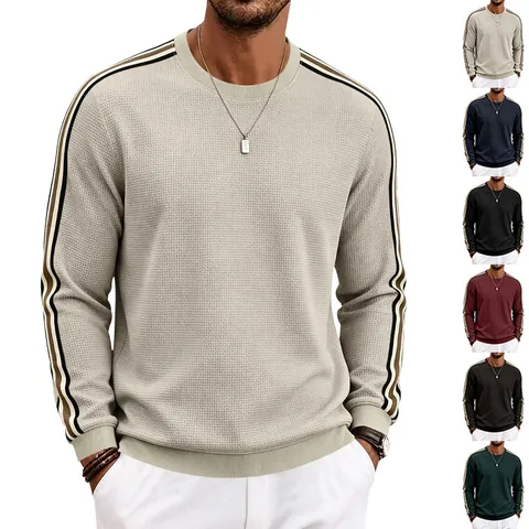Men's Casual Waffle Knit Sweatshirt Polyester Spandex Long Sleeve Crew Neck Striped Thin Pullover Top For Spring Autumn