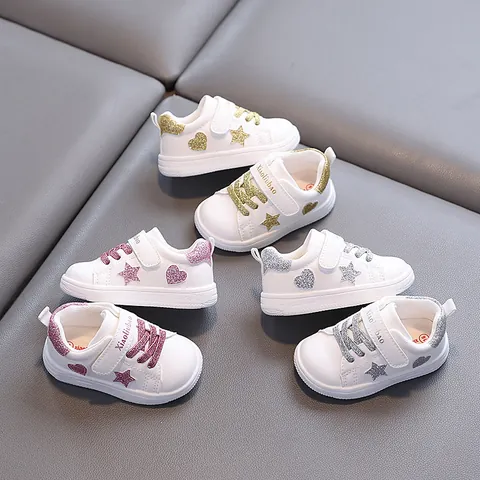 Toddler Boys Girls Star Print White Sneakers Waterproof Microfiber Leather Casual Non-slip Hook And Loop Shoes For 1-3 Years Old