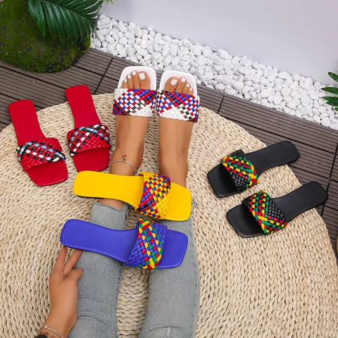 Women's Patchwork Braided Flat Sandals Square Toe Woven Slides Summer Casual Beach Slippers Fashion Large Size