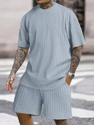 Completo Sportivo Uomo Estivo Casual Due Pezzi Texture a Trecce Girocollo T-Shirt Manica Corta e Pantaloncini a Cinque Punti Tinta Unita Asciugatura Rapida Confortevole Tuta per Uomo