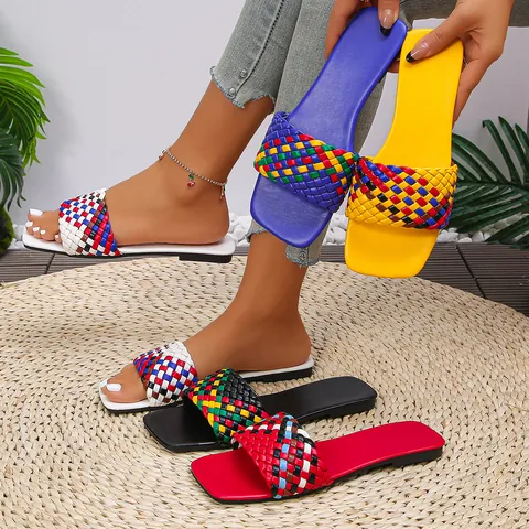 Women's Patchwork Braided Flat Sandals Square Toe Woven Slides Summer Casual Beach Slippers Fashion Large Size