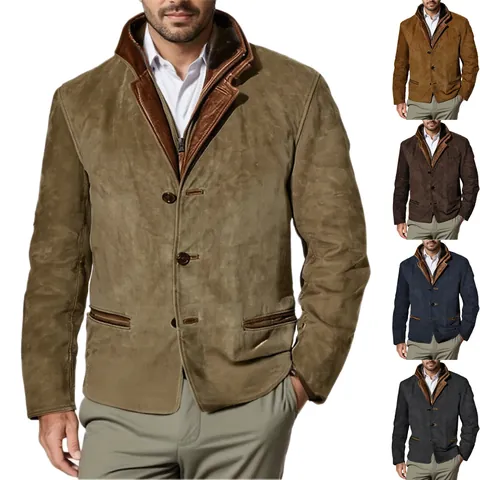 Men Vintage Michigan Work Jacket American Style Polyester Lapel Leather Patchwork Casual Outerwear Top