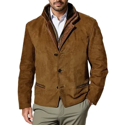 Men Vintage Michigan Work Jacket American Style Polyester Lapel Leather Patchwork Casual Outerwear Top