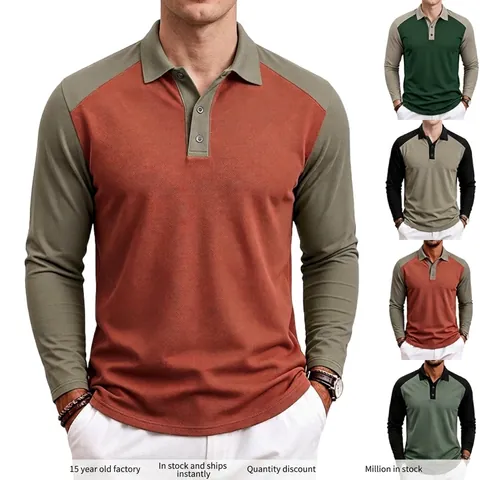 Men's Long Sleeve Polo Shirt Color Block Raglan Sleeve Golf Shirt Casual Polyester Breathable Lapel Top For Men Autumn Apparel