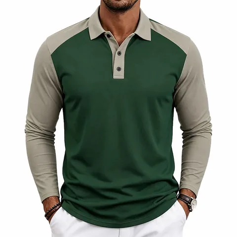 Men's Long Sleeve Polo Shirt Color Block Raglan Sleeve Golf Shirt Casual Polyester Breathable Lapel Top For Men Autumn Apparel
