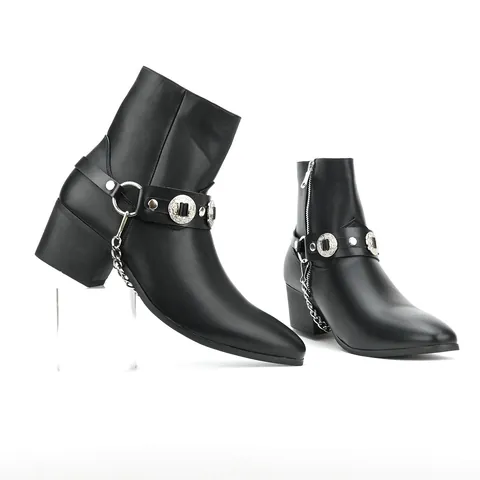 Men's Fashion PU Leather Short Boots With Alloy Chain And Concho Buckle Retro Punk Style Side Zipper Block Heel Black Mid-Calf Boots