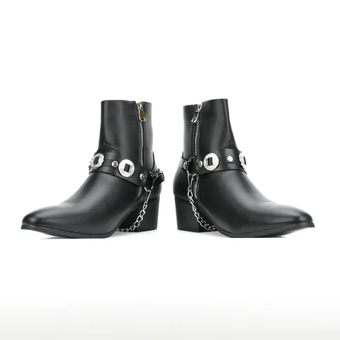 Men's Fashion PU Leather Short Boots With Alloy Chain And Concho Buckle Retro Punk Style Side Zipper Block Heel Black Mid-Calf Boots