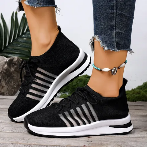 Women Fly-knit Platform Sneakers Autumn 2025 Thick Bottom Breathable Lace-up Casual Sporty Walking Shoes Height Increasing Mesh Upper