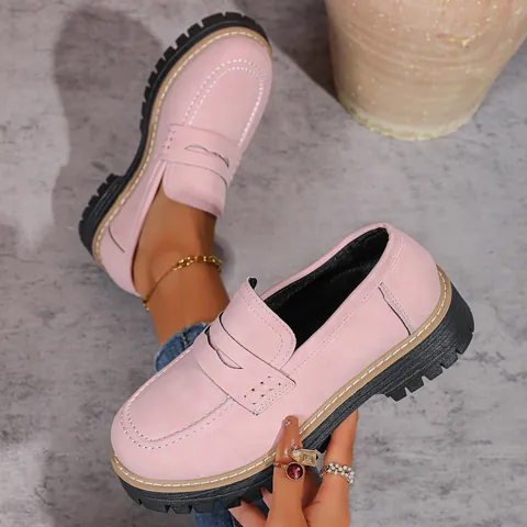 Mocassins Plateforme Style Britannique pour Femmes Talon Carré Rétro Microfibre Chaussures Coutures Contrastées Décontracté Quotidien Chaussures Talon Moyen Bout Rond