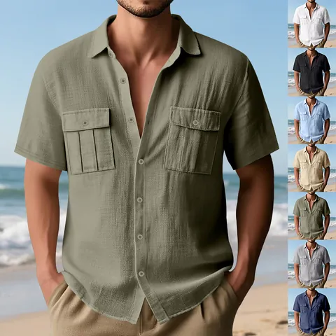 Men's Casual Linen Short Sleeve Shirt Button Up Loose Fit Vacation Beach Top With Double Pockets Summer Breathable Apparel