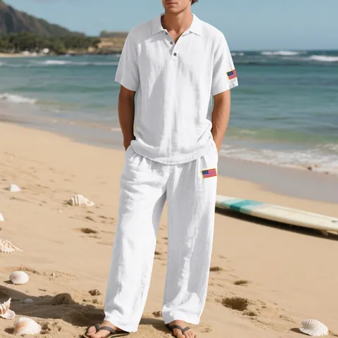 Heren Zomer Casual Linnen Outfits Amerikaanse Vlag Geborduurde Korte Mouw Poloshirt En Broek Top En Bottom Onafhankelijkheidsdag Strandpakken