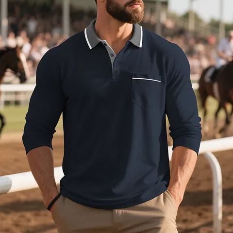 Men's Long Sleeve Polo Shirt Polyester American Smart Casual Contrast Collar Top With Chest Pocket Soft Knitted Lapel Top