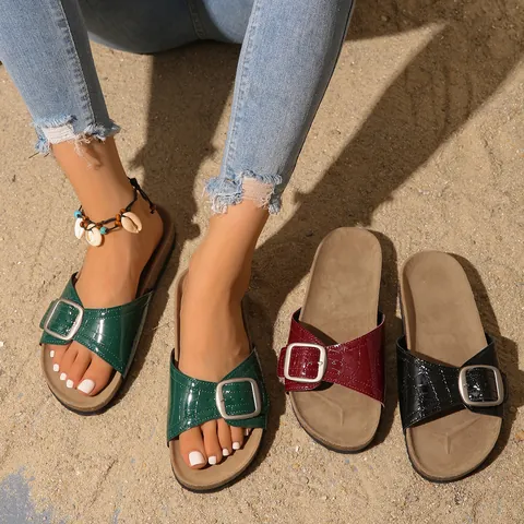 Women Retro Birkenstock Style Sandals Crocodile Embossed PU Leather Buckle Cork Sole Summer Beach Casual Slides