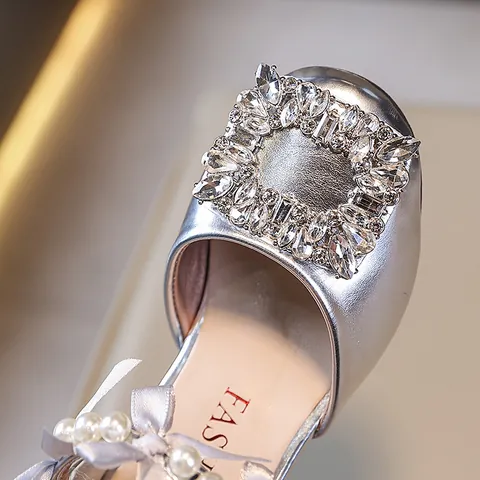 Zapatos de Princesa para Niñas Sandalias de Vestir con Lazo de Diamantes de Imitación Suela Blanda Tacón Ancho de PU con Perlas para Fiesta Boda Niñas Pequeñas