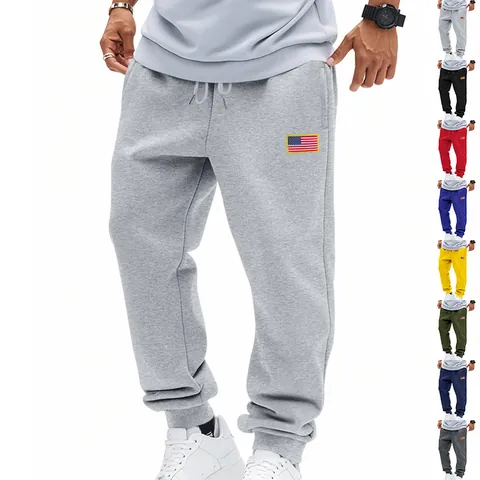 Men Loose Sweatpants Polyester Spandex Drawstring Joggers US Flag Patch Casual American Style Trousers Independence Day