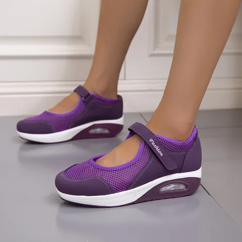 Women's Summer Mesh Casual Shoes Breathable Fashion Velcro Air Cushion Wedge Walking Shoes Plus Size Comfort Sneakers