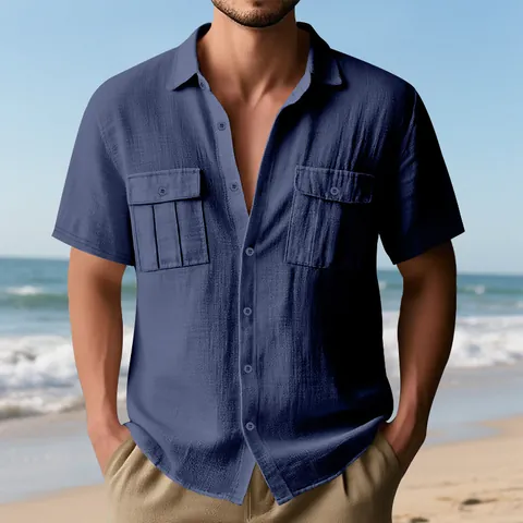 Men Summer Casual Linen Cargo Shirt Loose Fit Short Sleeve Top With Double Patch Pockets Breathable Solid Color Lapel Button Down Shirt