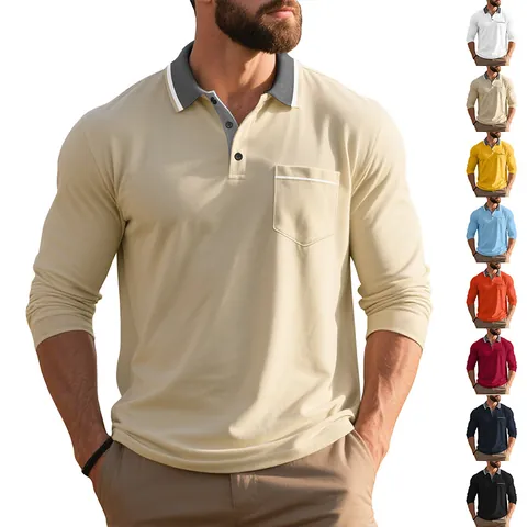 Men's Long Sleeve Polo Shirt American Minimalist Patchwork Lapel Polyester Pique Top With Chest Pocket Lightweight Luxury Polo Shirt