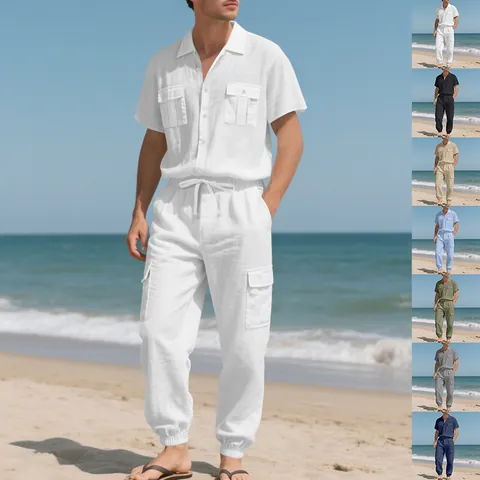 Men's Casual Linen Blend Top And Bottom Short Sleeve Cargo Pocket Shirt And Jogger Pants Beach Hip Hop Style Outfit