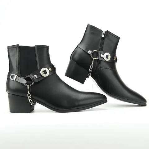 Men Pointed Toe Martin Boots Black Synthetic Leather Punk Rock Boots With Silver Alloy Chain Concho Buckle Rivet Fashion Side Zipper Mid Heel Boots