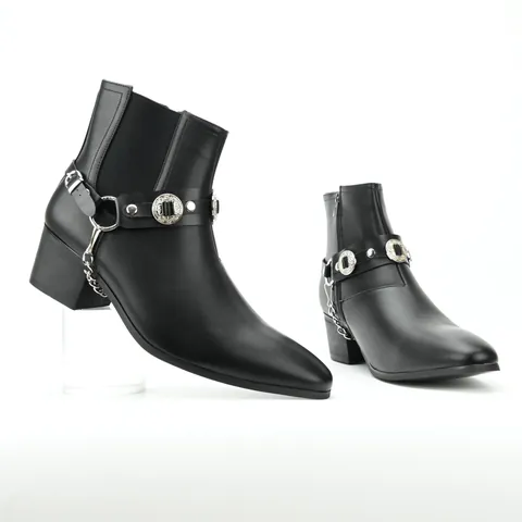 Men Pointed Toe Martin Boots Black Synthetic Leather Punk Rock Boots With Silver Alloy Chain Concho Buckle Rivet Fashion Side Zipper Mid Heel Boots