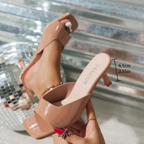 Mules Sexy à Bout Carré et Petit Talon pour Femmes Sandales en Cuir Verni Bout Ouvert Chaussures Habillées à Enfiler pour Fête Été