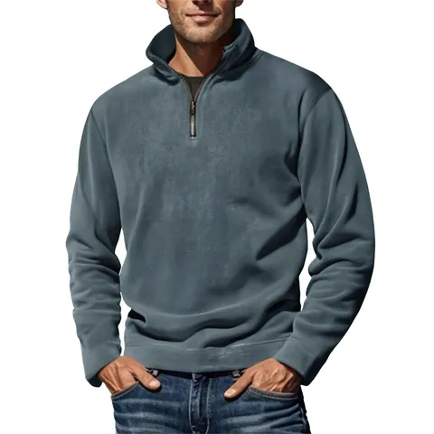 Men's Quarter Zip Polar Fleece Sweatshirt Solid Color Stand Collar Long Sleeve Thermal Pullover Casual Autumn Winter Top