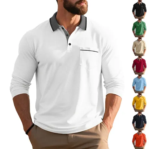Men's Long Sleeve Polo Shirt Polyester American Smart Casual Contrast Collar Top With Chest Pocket Soft Knitted Lapel Top