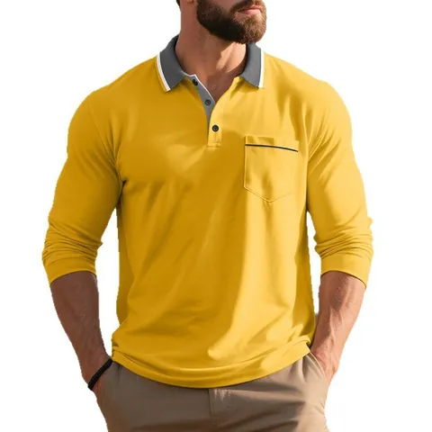 Men's Long Sleeve Polo Shirt American Minimalist Patchwork Lapel Polyester Pique Top With Chest Pocket Lightweight Luxury Polo Shirt