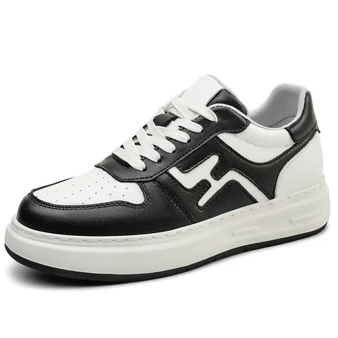 Men Cowhide Leather Retro Skate Shoes Hidden Height Lightweight Breathable White Sneakers Casual Fashion Board Shoes
