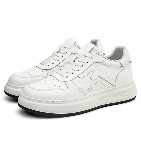 Men Cowhide Leather Retro Skate Shoes Hidden Height Lightweight Breathable White Sneakers Casual Fashion Board Shoes