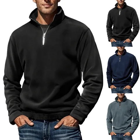 Men's Quarter Zip Polar Fleece Sweatshirt Solid Color Stand Collar Long Sleeve Thermal Pullover Casual Autumn Winter Top