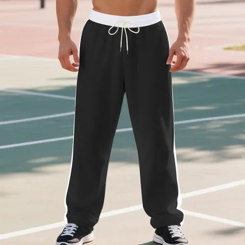 Men's Autumn Winter Casual Sweatpants Heavyweight French Terry Loose Color Block Patchwork Straight Wide Leg Joggers Bottom
