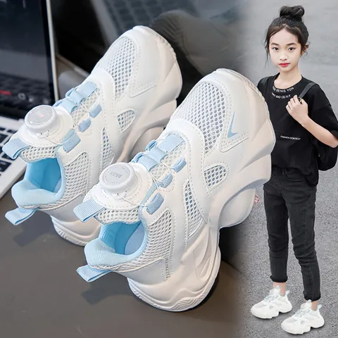 Girls Mesh Breathable Rotary Buckle Sports Sneakers Summer Lightweight School Athletic Shoes For Kids Fashion White Blue Sneakers