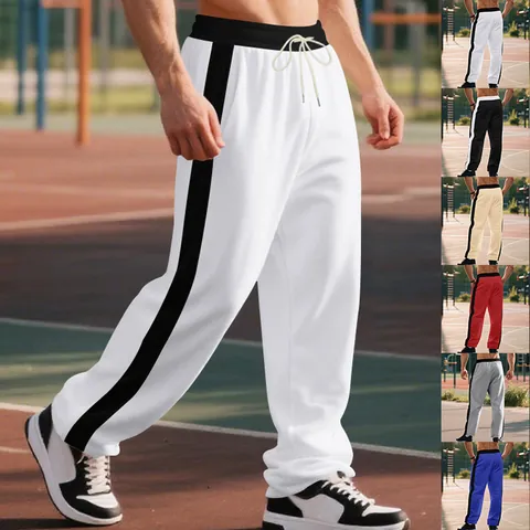Men Heavyweight French Terry Sweatpants Loose Fit Color Block Joggers Casual Contrast Side Stripe Straight Leg Bottom