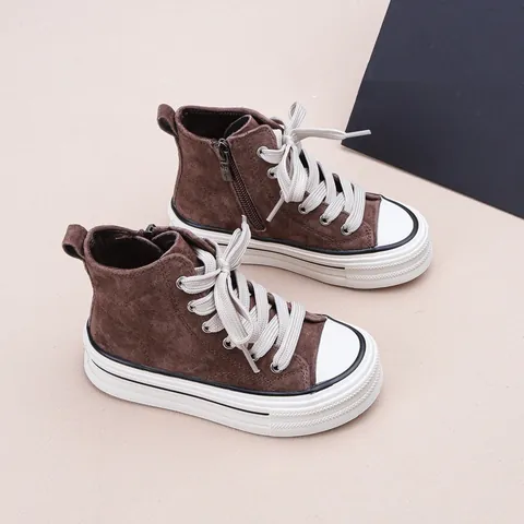 Baskets Montantes Mode Enfants Automne Printemps Chaussures Toile Plates Antidérapantes en Suédine avec Fermeture Éclair