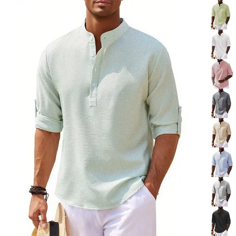 Men's Casual Long Sleeve Top Waffle Texture Stand Collar Henley Shirt Solid Color Loose Fit Polyester Breathable Top