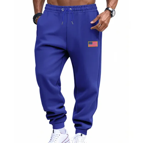Men Loose Sweatpants American Flag Patch Joggers Drawstring Waist Casual Sports Pants Solid Color Polyester Spandex Trousers