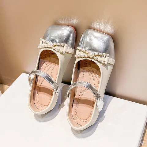 Mädchen Prinzessin Schuhe Perle Schleife Mary Janes Beige Silber Kinder Formelle Kleiderschuhe Flach Weiche Sohle