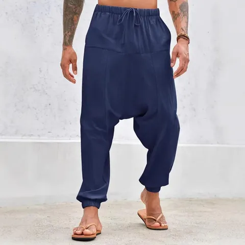 Men Cotton Linen Harem Pants Loose Fit Drop Crotch Joggers Drawstring Waist Solid Color Casual Summer Beach Trousers