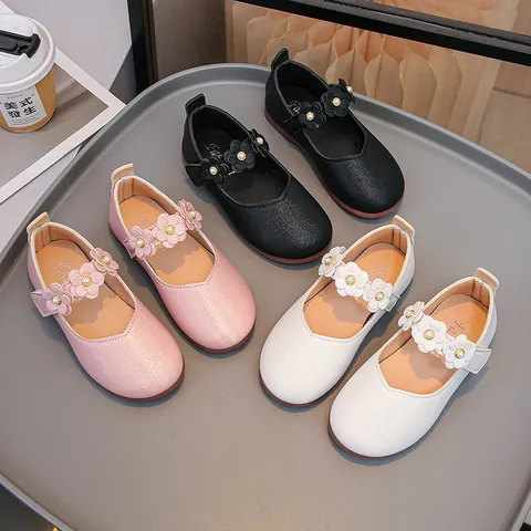 Girls Sweet Princess Mary Jane Shoes 2025 Autumn Floral Artificial Pearl PU Leather Anti-slip Flat Shoes For Kids Party Wedding