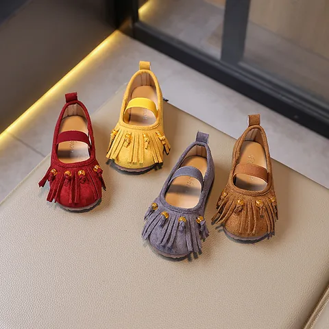 Korean Style Girls Mary Jane Princess Shoes Tassel Non-Slip Soft Sole Slip-On Flats Toddler Loafers For Wedding Party