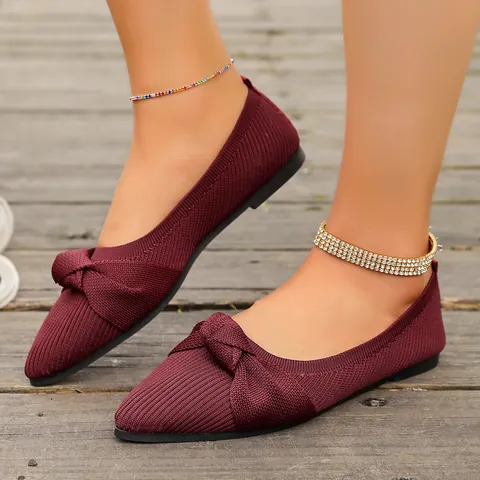 Ballerine in Maglia da Donna Taglie Forti Punta Affusolata Elegante Scollatura Bassa Mocassini Slip-On Con Fiocco Scarpe Casual