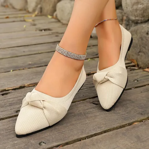 Ballerine in Maglia da Donna Taglie Forti Punta Affusolata Elegante Scollatura Bassa Mocassini Slip-On Con Fiocco Scarpe Casual