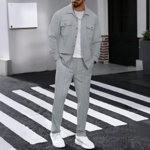 Herren Waffelstrick Top And Bottom Langarm Button Down Hemd Und Taschenhose Casual Workwear Lounge Anzug