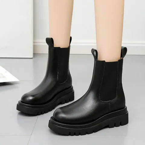 Dames Mode Zwart PU Leer Chelsea Laarzen Halfhoog Ronde Neus Platform High Top Street Style Laarzen Voor Herfst Winter