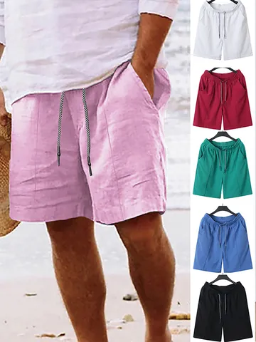 Men Summer Linen Cargo Shorts Casual Beach Bottoms With Drawstring Elastic Waist Breathable Cotton Polyester Blend Multi Pockets
